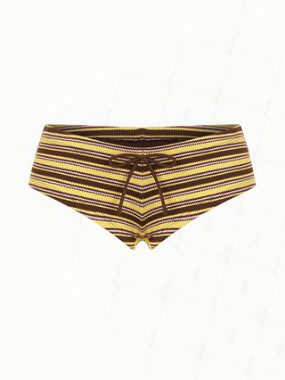 Yellow Knit Striped Textured Bikini Bottom Cheeky Swim Boyshorts