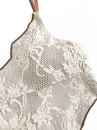 Crystal Cream Lace Contrast Piping Hanky Hem Cheeky Boyshorts Tankini Set