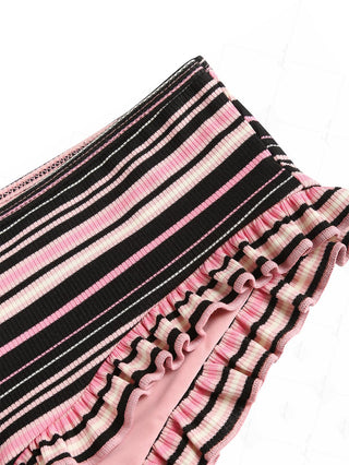 Pink Ribbed Knit Striped Triangle Cheeky Boyshorts Bikini Set