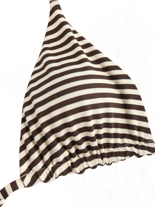 Brown Knit Striped Halter Triangle String Reversible Bikini Set