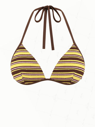 Yellow Knit Striped Textured Triangle Push Up Bikini Top