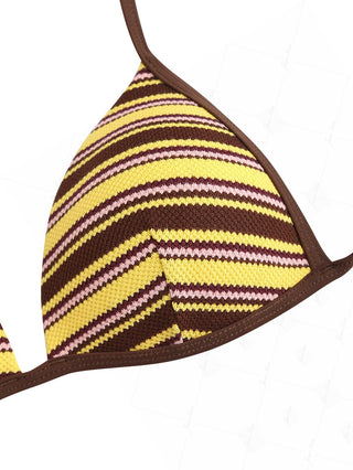 Yellow Knit Striped Textured Triangle Push Up Bikini Top