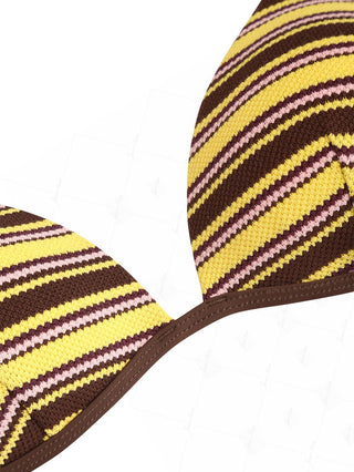 Yellow Knit Striped Textured Triangle Push Up Bikini Top