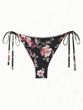 Black Floral Leaf Print Picot Trim String Cheeky Brazilian Bikini Bottom