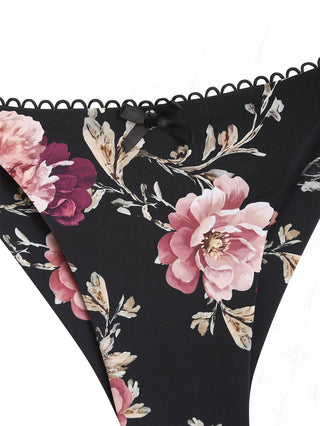 Black Floral Leaf Print Picot Trim String Cheeky Brazilian Bikini Bottom