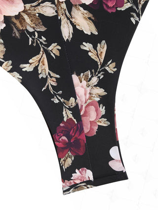 Black Floral Leaf Print Picot Trim String Cheeky Brazilian Bikini Bottom