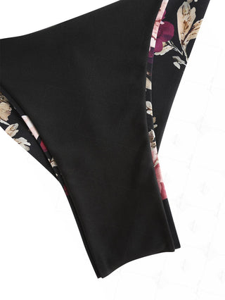 Black Floral Leaf Print Picot Trim String Cheeky Brazilian Bikini Bottom