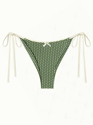 Plant Green Polka Dot Lace Bowknot String Cheeky Brazilian Bikini Bottom