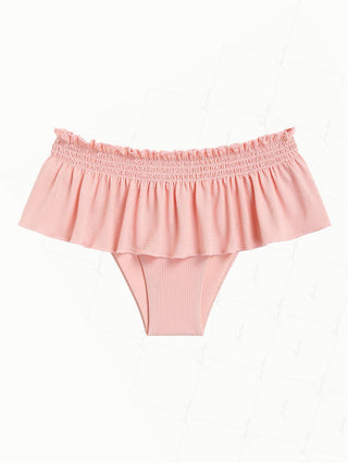 Pink Textured Knit Fabric Smocked Peplum Swim Skirt Bikini Bottom