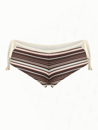 Deep Coffee Striped Cutout Tie Side Bikini Bottom Cheeky Swim Boyshorts