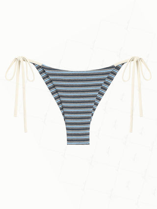 Blue Ribbed Knit Striped Tie Side Cheeky Brazilian Bikini Bottom