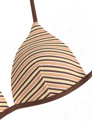 Yellow Ribbed Knit Striped Triangle Push Up Bikini Top