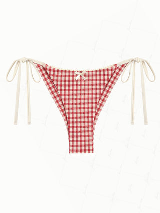 Pomegranate Red Gingham Lace Bowknot String Cheeky Brazilian Bikini Bottom