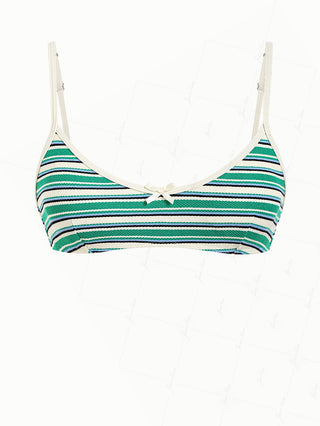 Green Textured Striped Bowknot Contrast Binding Tank Style Bikini Top