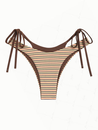 Yellow Contrast Color Ribbed Striped Double Layer Bikini Bottom