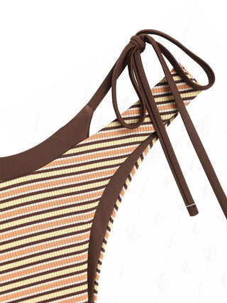 Yellow Contrast Color Ribbed Striped Double Layer Bikini Bottom