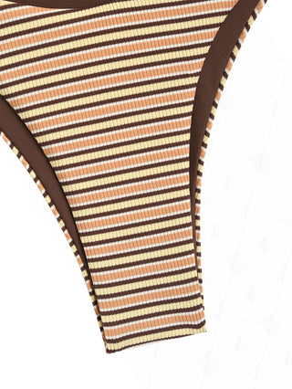 Yellow Contrast Color Ribbed Striped Double Layer Bikini Bottom