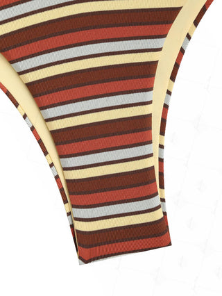 Yellow Contrast Color Ribbed Knit Striped O Ring Double Layer Bikini Set