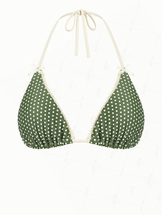 Plant Green Polka Dot Lace Bowknot Halter Triangle Bikini Top