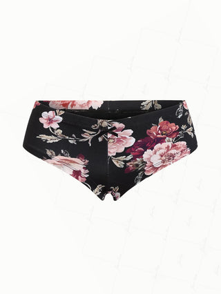 Black Floral Leaf Print Bowknot Bikini Bottom Cheeky Swim Boyshorts