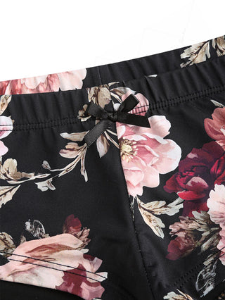 Black Floral Leaf Print Picot Trim Bowknot Triangle Cheeky Boyshorts Bikini Set