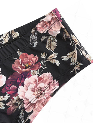 Black Floral Leaf Print Picot Trim Bowknot Triangle Cheeky Boyshorts Bikini Set