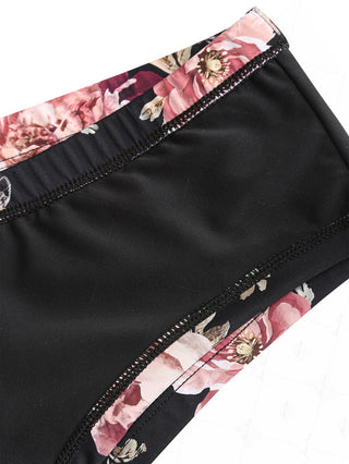Black Floral Leaf Print Picot Trim Bowknot Triangle Cheeky Boyshorts Bikini Set