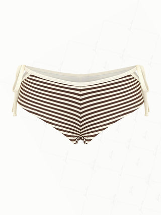 Brown Striped Cutout Tie Side Bikini Bottom Cheeky Swim Boyshorts