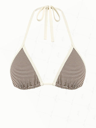 Brown Ribbed Knit Striped Contrast Binding Halter Triangle Bikini Top