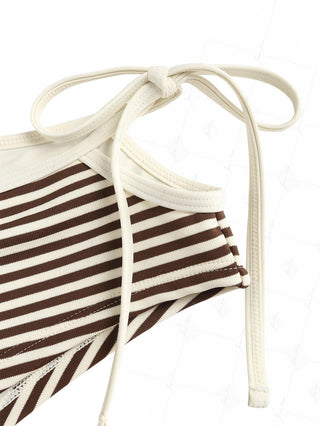 Brown Ribbed Knit Striped Contrast Binding Cheeky Boyshorts Bikini Set