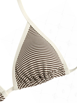 Brown Ribbed Knit Striped Contrast Binding Cheeky Boyshorts Bikini Set