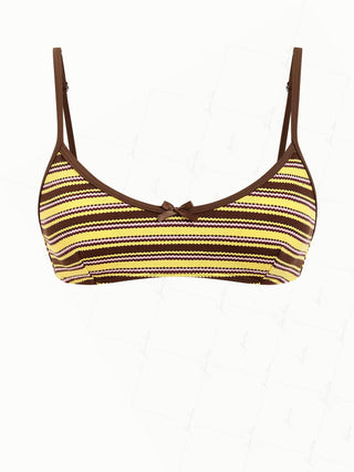 Yellow Textured Striped Bowknot Contrast Binding Tank Style Bikini Top