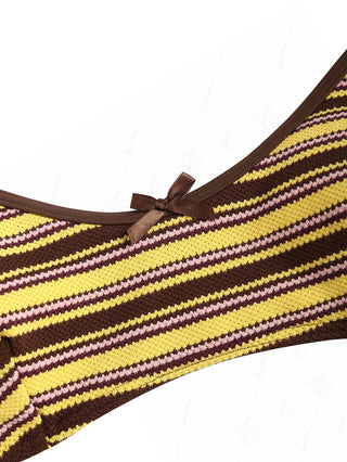 Yellow Textured Striped Bowknot Contrast Binding Tank Style Bikini Top