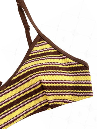 Yellow Textured Striped Bowknot Contrast Binding Tank Style Bikini Top