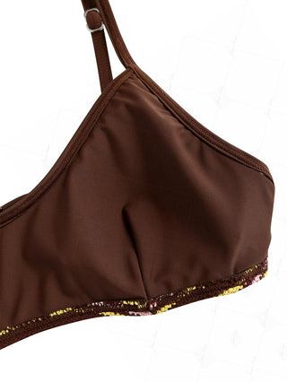Yellow Textured Striped Bowknot Contrast Binding Tank Style Bikini Top