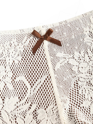 Crystal Cream Lace Contrast Piping Hanky Hem Cheeky Boyshorts Tankini Set