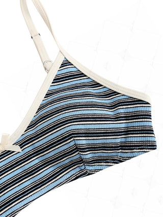 Blue Striped Bowknot Contrast Binding Tank Style Bikini Top