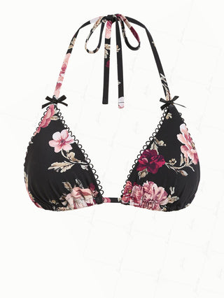 Black Floral Leaf Print Picot Trim Bowknot Halter Triangle Bikini Top