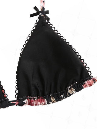 Black Floral Leaf Print Triangle Top & Cheeky Brazilian Bottom Bikini Set