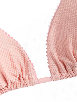 Pink Textured Knit Fabric Lace Bowknot Triangle Skirtini Bikini Set