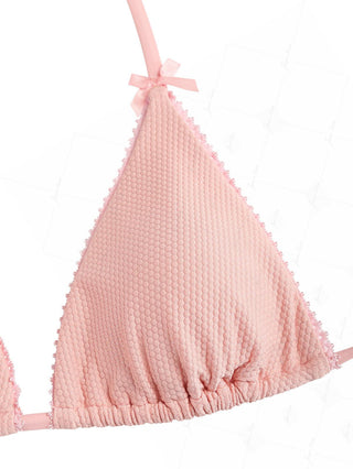 Pink Textured Knit Fabric Lace Bowknot Triangle Skirtini Bikini Set