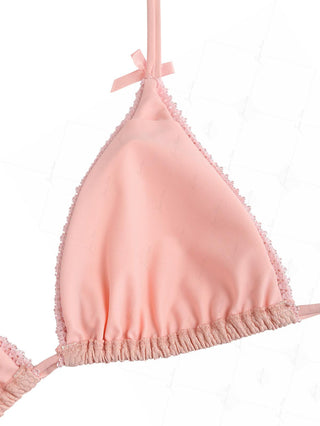 Pink Textured Knit Fabric Lace Bowknot Triangle Skirtini Bikini Set