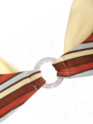 Yellow Ribbed Knit Striped O Ring Double Layer Top & Cheeky Boyshorts Bikini Set