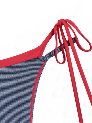 Deep Blue Denim Contrast Color String Double Layer Bikini Set