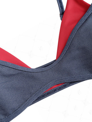 Deep Blue Denim Contrast Color Double Layer Bikini Top
