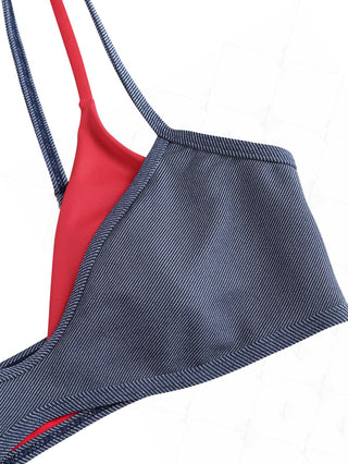 Deep Blue Denim Contrast Color Double Layer Bikini Top