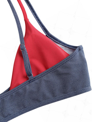 Deep Blue Denim Contrast Color Double Layer Bikini Top