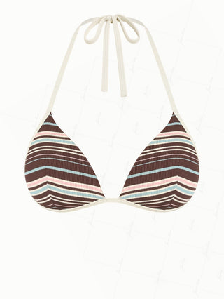 Deep Coffee Ribbed Knit Striped Triangle Push Up Bikini Top