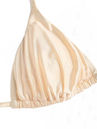 Champagne Satin Ruched Triangle Top & String Cheeky Brazilian Bottom Bikini Set