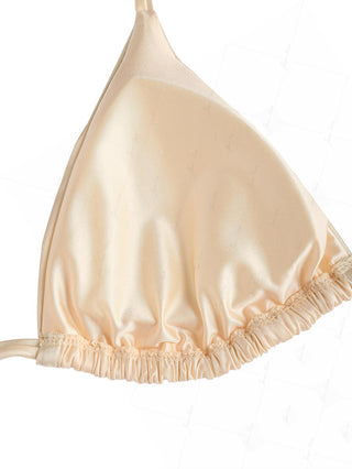 Champagne Satin Ruched Triangle Top & String Cheeky Brazilian Bottom Bikini Set